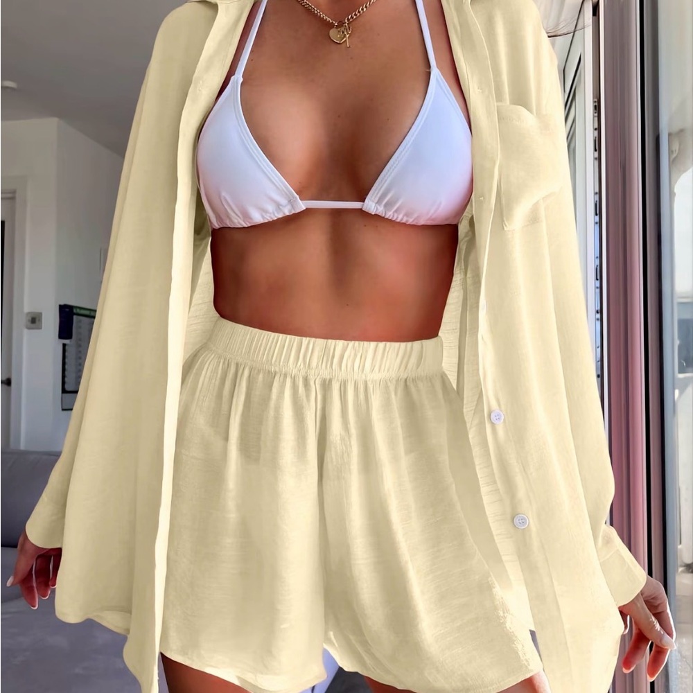 Apricot Button-Up Shirt and Shorts Set